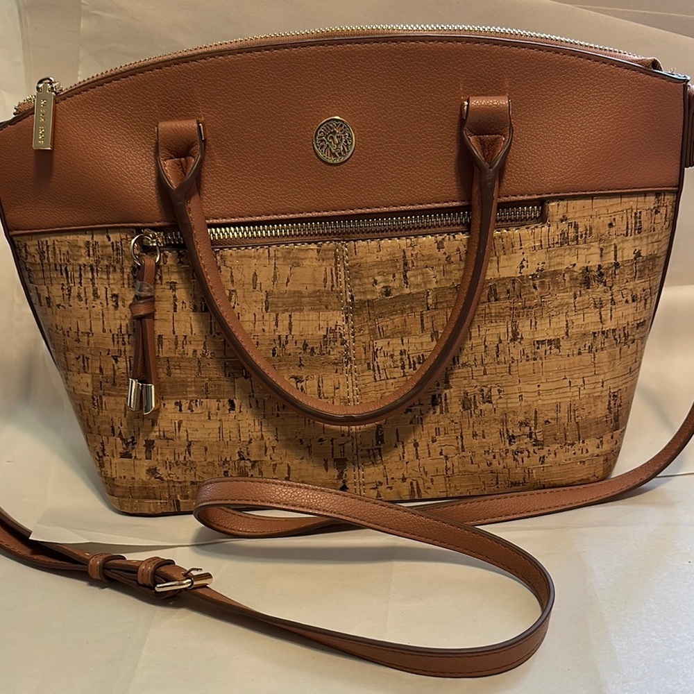 Anne Klein Brown Leather Satchel with Cork Accents